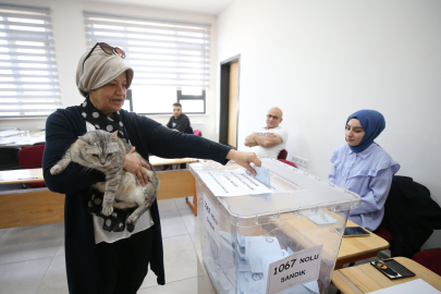 Sandık başına kedisiyle gitti