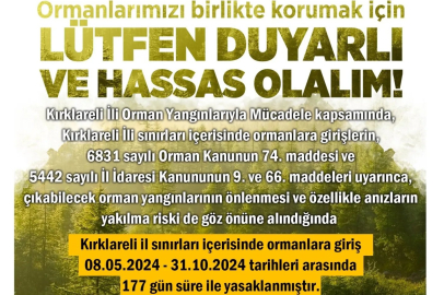 Kırklareli'nde ormanlık alanlara girişler 1 Kasım'a kadar yasaklandı